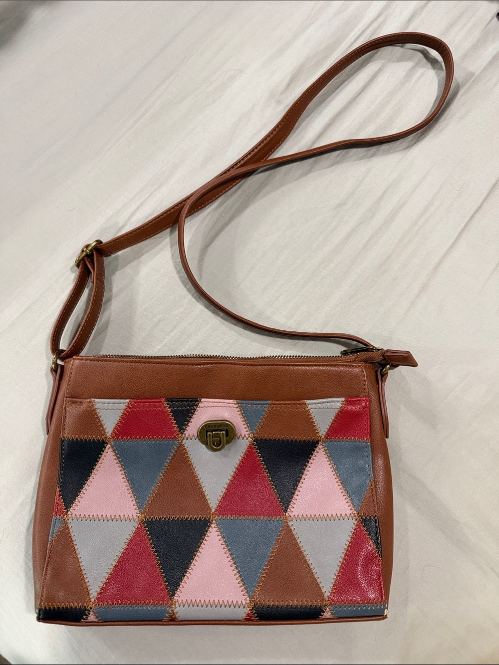Brown Patchwork Triangle Crossbody Bag - Unbranded